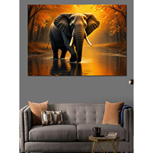 Turuncu Işıkta Yürüyen Fil Dekoratif Kanvas - Mdf Ahşap Tablo 100x140 cm