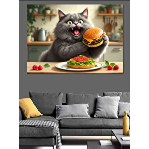 Hamburger Yiyen Mutlu Kedi Dekoratif Kanvas - Mdf Ahşap Tablo 35x50 cm