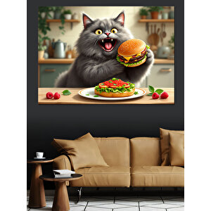 Hamburger Yiyen Mutlu Kedi Dekoratif Kanvas - Mdf Ahşap Tablo 35x50 cm