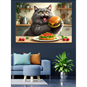 Hamburger Yiyen Mutlu Kedi Dekoratif Kanvas - Mdf Ahşap Tablo 35x50 cm