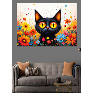 Çiçekler Arasında Siyah Kedi Dekoratif Kanvas - Mdf Ahşap Tablo 25x35 cm