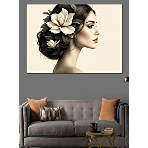 Çiçekli Siyah Beyaz Portre Dekoratif Kanvas - Mdf Ahşap Tablo 70x100 cm
