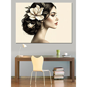 Çiçekli Siyah Beyaz Portre Dekoratif Kanvas - Mdf Ahşap Tablo 70x100 cm