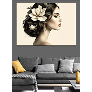 Çiçekli Siyah Beyaz Portre Dekoratif Kanvas - Mdf Ahşap Tablo 70x100 cm