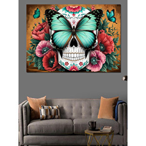 Kelebek Ve Kafatası Deseni Dekoratif Kanvas - Mdf Ahşap Tablo 70x100 cm