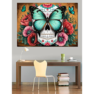 Kelebek Ve Kafatası Deseni Dekoratif Kanvas - Mdf Ahşap Tablo 50x70 cm