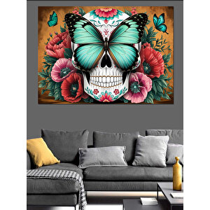 Kelebek Ve Kafatası Deseni Dekoratif Kanvas - Mdf Ahşap Tablo 50x70 cm