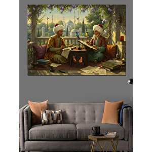 Bahçede Sohbet Eden Bilgeler Dekoratif Kanvas - Mdf Ahşap Tablo 50x70 cm