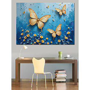 Mavi Arka Üç Kelebek Dekoratif Kanvas - Mdf Ahşap Tablo 50x70 cm