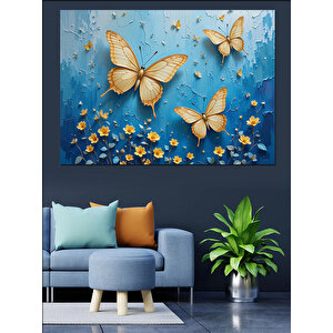 Mavi Arka Üç Kelebek Dekoratif Kanvas - Mdf Ahşap Tablo 100x140 cm