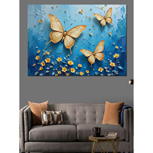 Mavi Arka Üç Kelebek Dekoratif Kanvas - Mdf Ahşap Tablo 70x100 cm