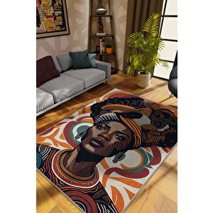 Afrikalı Kadın,renkli Dekoratif Etnik Halı,kadın Figürlü Renkli Sanat Odası Halısı,afrika Desensi Turuncu Halı 80x120 cm