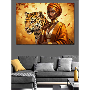 Kaplanla Afrikalı Kadın Portre Dekoratif Kanvas - Mdf Ahşap Tablo 25x35 cm