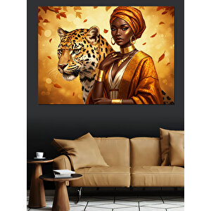 Kaplanla Afrikalı Kadın Portre Dekoratif Kanvas - Mdf Ahşap Tablo 25x35 cm