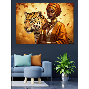Kaplanla Afrikalı Kadın Portre Dekoratif Kanvas - Mdf Ahşap Tablo 25x35 cm
