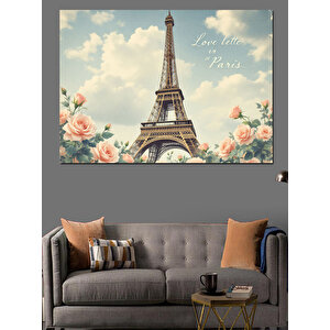 Eyfel Kulesi Ve Çiçekler Dekoratif Kanvas - Mdf Ahşap Tablo 50x70 cm