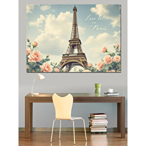 Eyfel Kulesi Ve Çiçekler Dekoratif Kanvas - Mdf Ahşap Tablo 50x70 cm