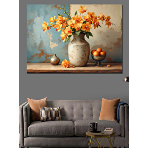 Vazoda Turuncu Çiçekler Dekoratif Kanvas - Mdf Ahşap Tablo 50x70 cm