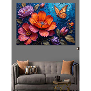 Çiçekler Ve Kelebek Dekoratif Kanvas - Mdf Ahşap Tablo 70x100 cm