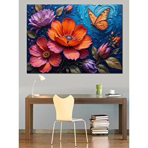 Çiçekler Ve Kelebek Dekoratif Kanvas - Mdf Ahşap Tablo 70x100 cm