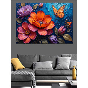 Çiçekler Ve Kelebek Dekoratif Kanvas - Mdf Ahşap Tablo 70x100 cm