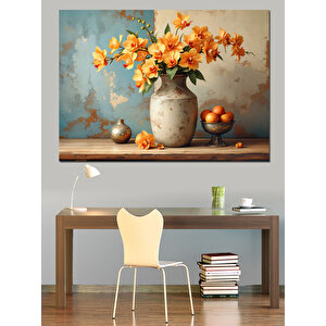 Vazoda Turuncu Çiçekler Dekoratif Kanvas - Mdf Ahşap Tablo