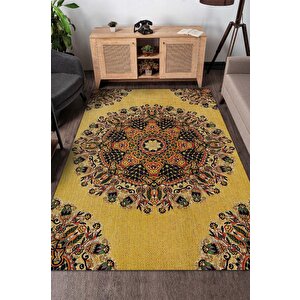 Tezhip Minimal Salon Halısı Etnik Desenli Halı Sarı Renkli Oturma Odası Halısı Çiçekli Halı 100x150 cm