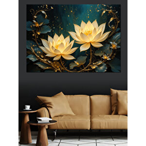 Lotus Çiçekleri Altın Zemin Dekoratif Kanvas - Mdf Ahşap Tablo 70x100 cm