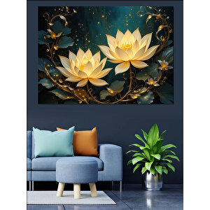 Lotus Çiçekleri Altın Zemin Dekoratif Kanvas - Mdf Ahşap Tablo 35x50 cm
