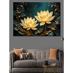 Lotus Çiçekleri Altın Zemin Dekoratif Kanvas - Mdf Ahşap Tablo 35x50 cm
