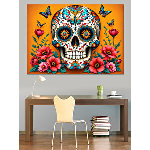 Renkli Çiçekli Kafatası Dekoratif Kanvas - Mdf Ahşap Tablo 100x140 cm