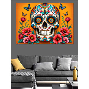 Renkli Çiçekli Kafatası Dekoratif Kanvas - Mdf Ahşap Tablo 100x140 cm