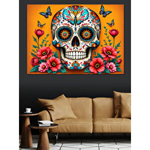 Renkli Çiçekli Kafatası Dekoratif Kanvas - Mdf Ahşap Tablo 100x140 cm
