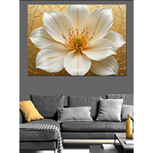 Altın Zemin Beyaz Çiçek Dekoratif Kanvas - Mdf Ahşap Tablo 70x100 cm