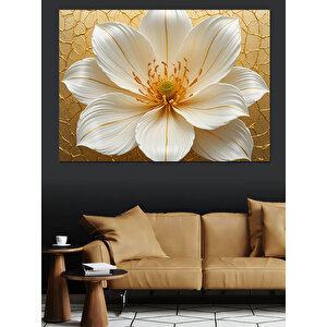 Altın Zemin Beyaz Çiçek Dekoratif Kanvas - Mdf Ahşap Tablo 70x100 cm