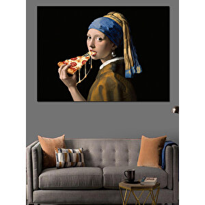Pizza Yiyen İnci Küpeli Kız Dekoratif Kanvas - Mdf Ahşap Tablo 50x70 cm