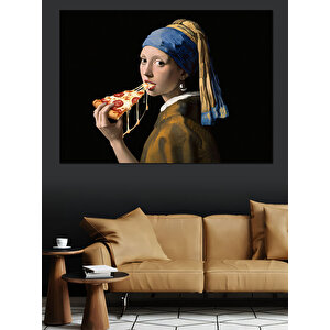 Pizza Yiyen İnci Küpeli Kız Dekoratif Kanvas - Mdf Ahşap Tablo 25x35 cm