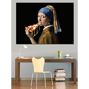 Pizza Yiyen İnci Küpeli Kız Dekoratif Kanvas - Mdf Ahşap Tablo