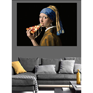 Pizza Yiyen İnci Küpeli Kız Dekoratif Kanvas - Mdf Ahşap Tablo