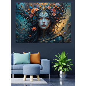Çiçekli Taçlı Mistik Kadın Dekoratif Kanvas - Mdf Ahşap Tablo 70x100 cm