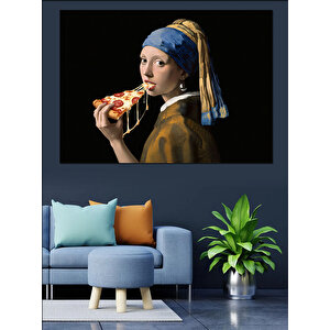 Pizza Yiyen İnci Küpeli Kız Dekoratif Kanvas - Mdf Ahşap Tablo 100x140 cm
