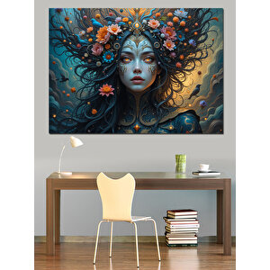 Çiçekli Taçlı Mistik Kadın Dekoratif Kanvas - Mdf Ahşap Tablo
