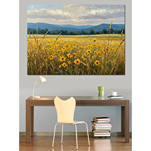Sarı Çiçekli Dağ Manzarası Dekoratif Kanvas - Mdf Ahşap Tablo 70x100 cm