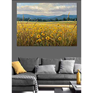 Sarı Çiçekli Dağ Manzarası Dekoratif Kanvas - Mdf Ahşap Tablo 70x100 cm