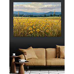 Sarı Çiçekli Dağ Manzarası Dekoratif Kanvas - Mdf Ahşap Tablo 70x100 cm