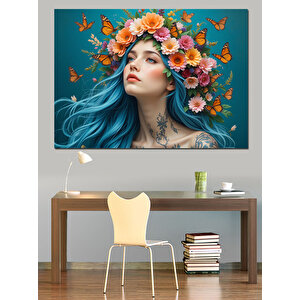 Mavi Saçlı Çiçek Kadın Dekoratif Kanvas - Mdf Ahşap Tablo 35x50 cm