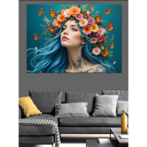 Mavi Saçlı Çiçek Kadın Dekoratif Kanvas - Mdf Ahşap Tablo 35x50 cm