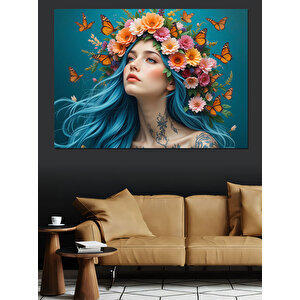 Mavi Saçlı Çiçek Kadın Dekoratif Kanvas - Mdf Ahşap Tablo 100x140 cm