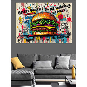 Graffiti Stilde Renkli Hamburger Dekoratif Kanvas - Mdf Ahşap Tablo