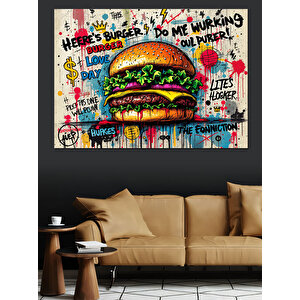 Graffiti Stilde Renkli Hamburger Dekoratif Kanvas - Mdf Ahşap Tablo